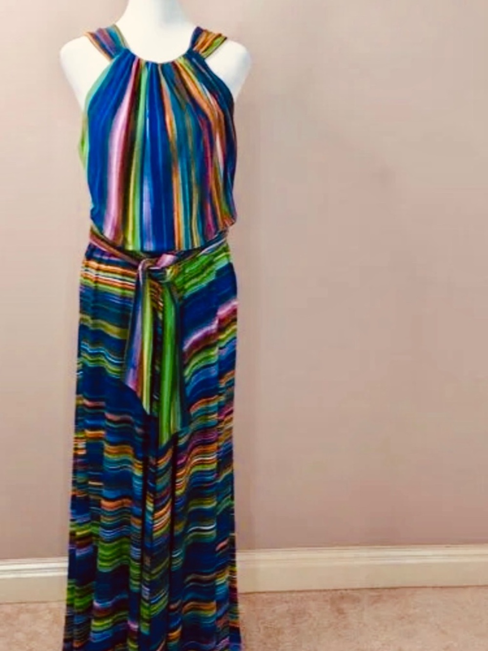 Muse blue green stripe maxi halter dress sz 8 NWT